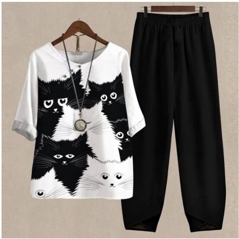 GMXIA Spring Women's Five-quarter Sleeve Printed Top and Pants Two-piece Set