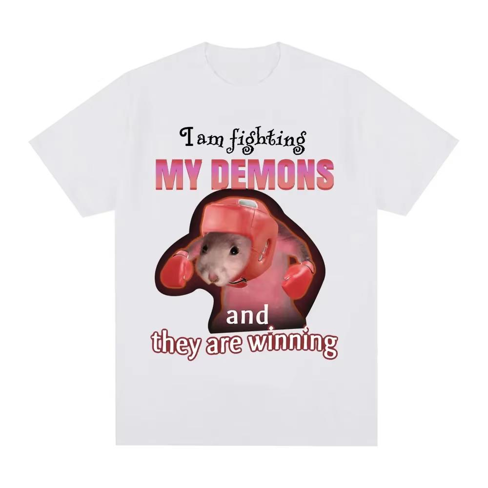 Funny I Am Fighting My Demons and The Are Winning Rat Meme Unisex Women Short Sleeve Tshirts Adult Children Parent Child Tshirt
