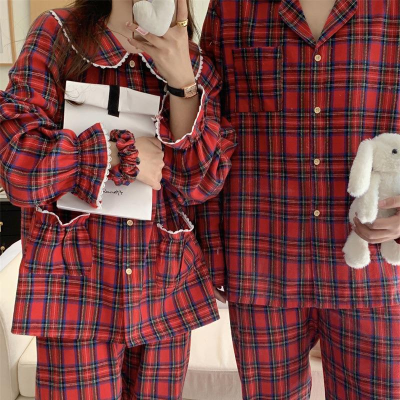 Korean Spring & Autumn Plaid Lace Peter Pan Collar Pajamas - Loose Couple Long Sleeve Homewear Set