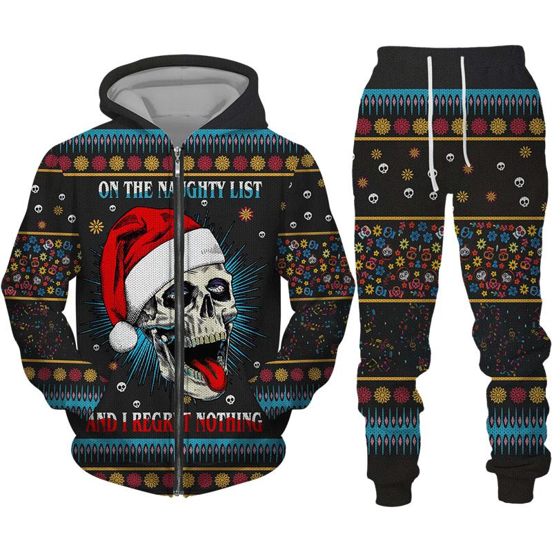 Модные рождественские мужские толстовки с принтом черепа на молнии/брюки/комплект, тонкая куртка с капюшоном с узором, костюм для пары, уличная одежда
