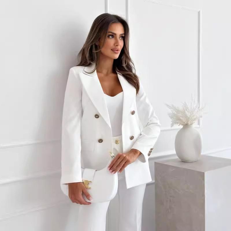 Женский двубортный пиджак цвета хаки, 5 вариантов расцветки - приталенный крой, формальный офисный пиджак