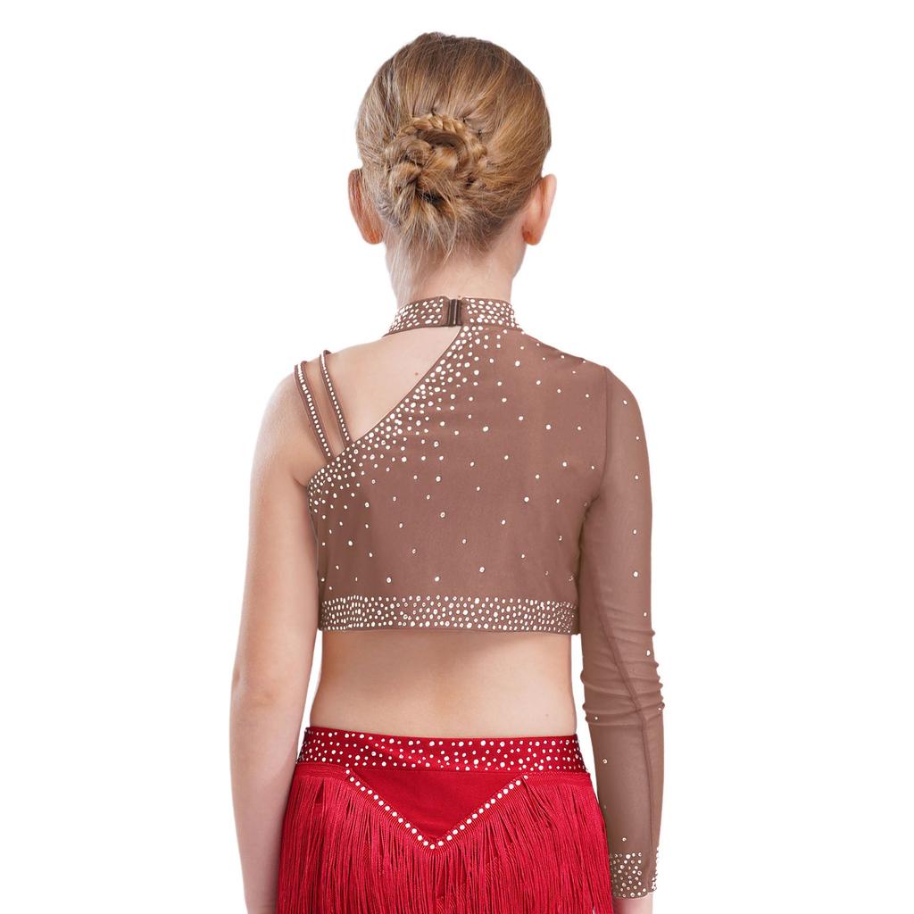 Детский топ для танцев для девочек, блестящий, с стразами, укороченный топ, уникальный асимметричный дизайн плеча для сценического выступления и танцевального конкурса