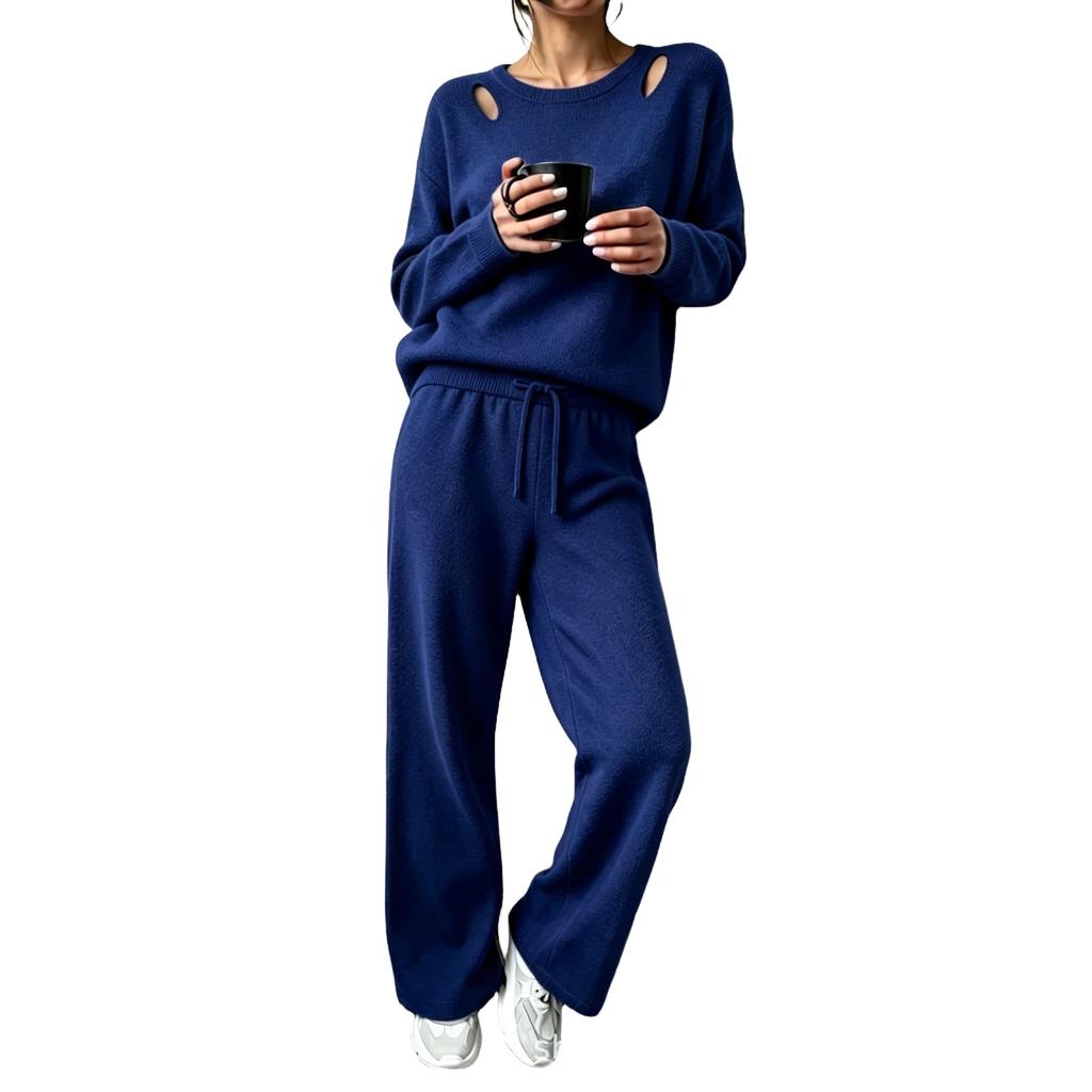 Women's Cutout Off-the-Shoulder Long Sleeve Knit Two-Piece Set for Casual Wear