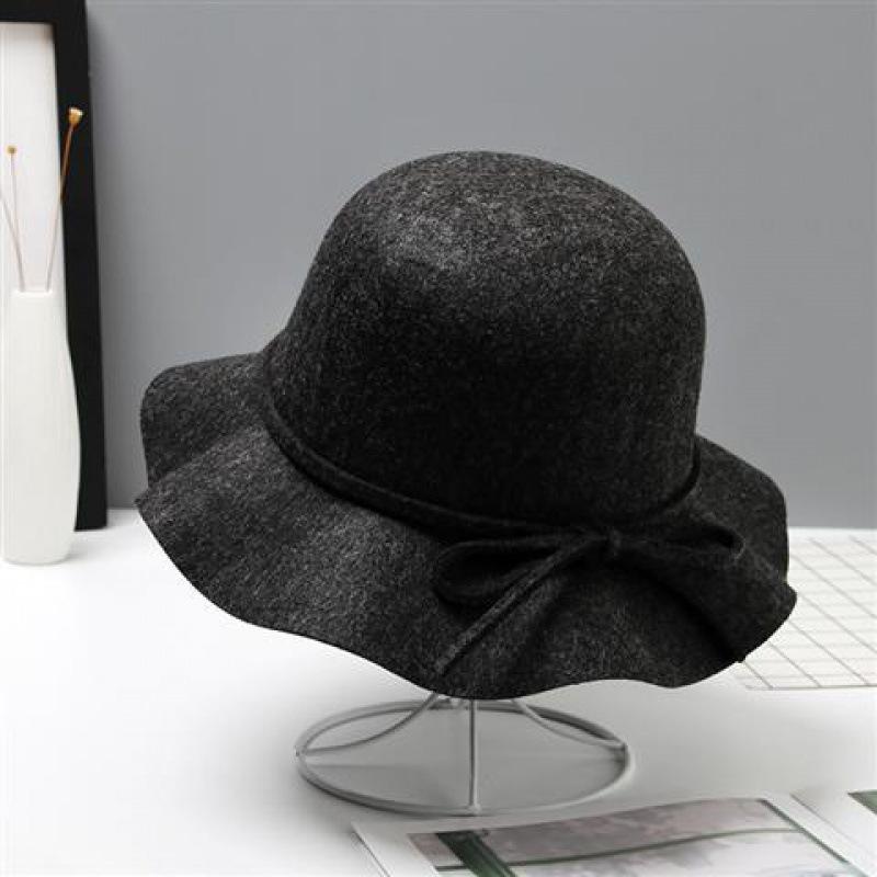Autumn and winter wavy edge bow strap woolen hat basin hat retro casual versatile temperament top hat woman