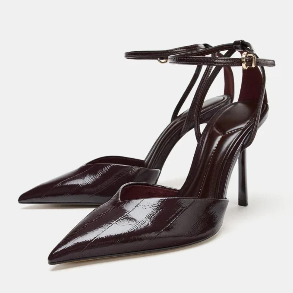 Luxury Patent Leather Ankle Strap Thin High Heels Women Sexy Pointed Toe Pumps Women Elegant Banquet Office Shoes for Ladies