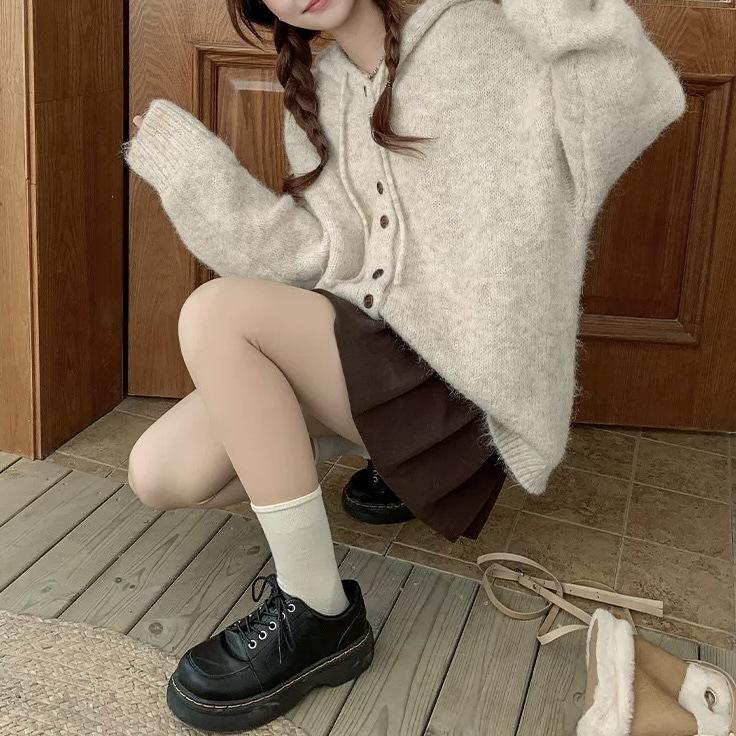 Осенне-зимний кардиган-куртка свободного кроя однотонный с капюшоном вязаный свитер топ для женщин