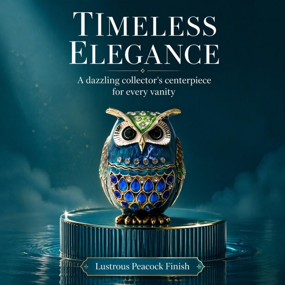 Sparkling Rhinestone Owl Trinket Box Enameled Finish Owl Keepsake Box For Necklace