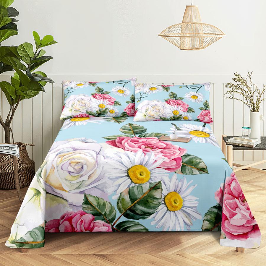 Bedsheets Set With Pillows Case Queen Size Soft Bed Sheets And Pillowcases For Single Double Beds Twin Pink Flower Thin Fabric