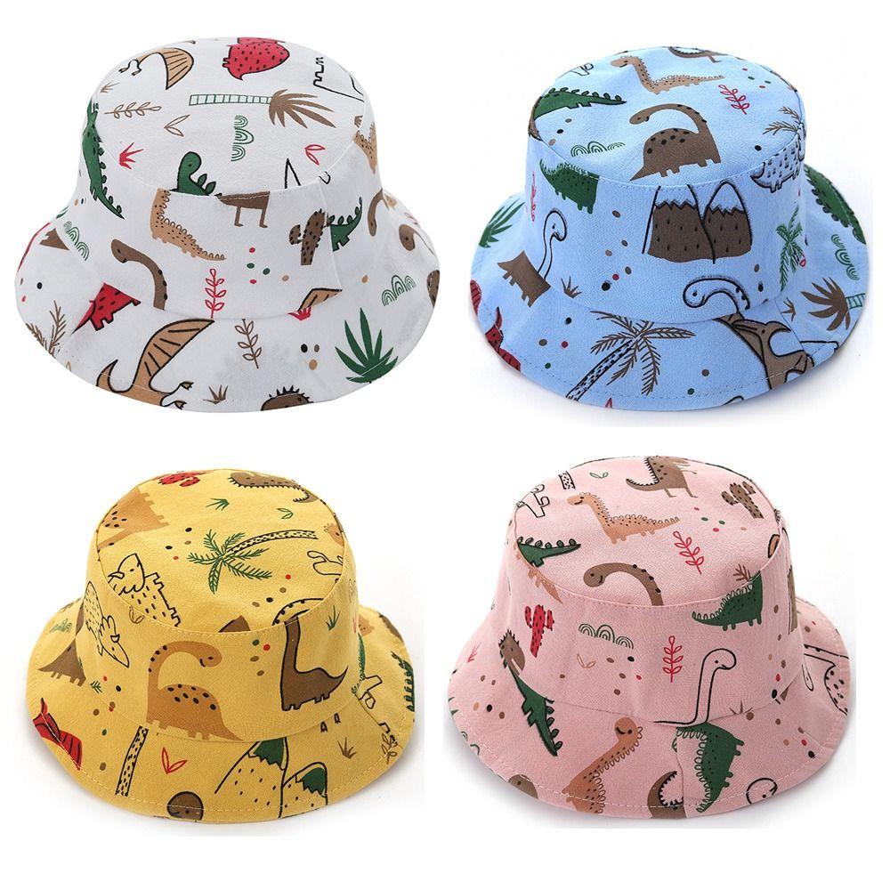 Adjustable Baby Bucket Caps Cartoon Dinosaur Print Beach Hat Infant  Fisherman Cap  Baby Girls
