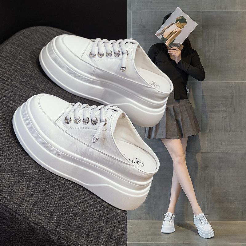 Тапочки из натуральной кожи, женская повседневная обувь, женские тапочки на платформе, на шнуровке, белые туфли с увеличенным каблуком, низкая женская обувь