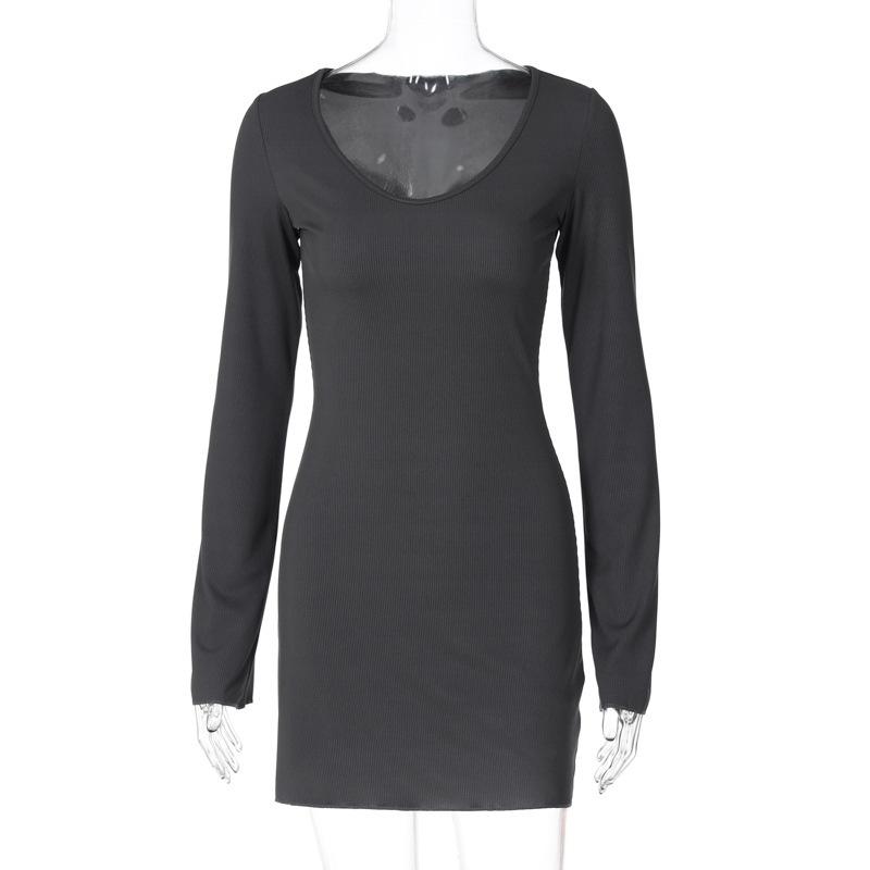 Стиль Женское Летнее Новое Однотонное В рубчик Модное Платье с Длинным Рукавом и Талией