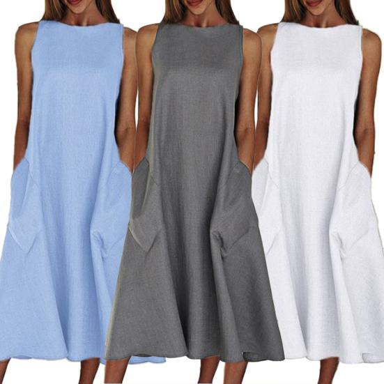 Винтажное женское однотонное платье с круглым вырезом, без рукавов, с карманами, с широким подолом, длинное, свободного кроя