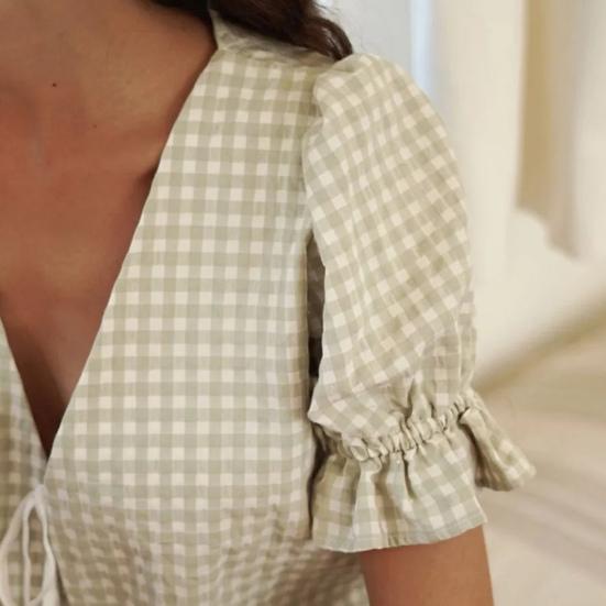 2 шт./компл. женский топ с шортами, комплект на шнуровке с бантом, декор с пышными рукавами, богемный стиль, глубокий V-образный вырез, рюшами в клетку, с принтом, свободная блузка с эластичной резинкой на талии, комплект брюк