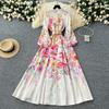 Spring Summer Women Print Single Breasted Long Maxi Big Swing Holiday Beach Dresses with Belt