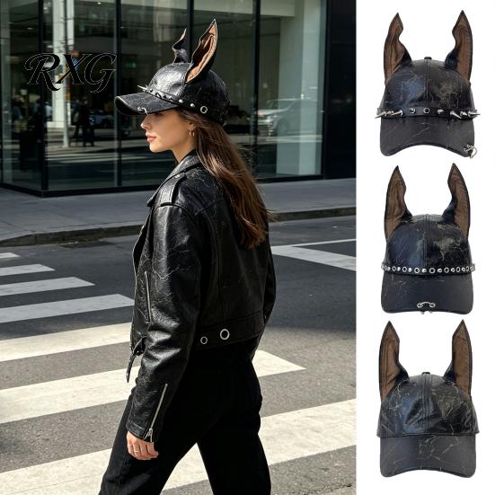 Fake Leather Cap Faux Baseball with Doberman Ears, Vintage Punk Rock Peaked Rivets Sun Hat, Distressed Hat for Men Women