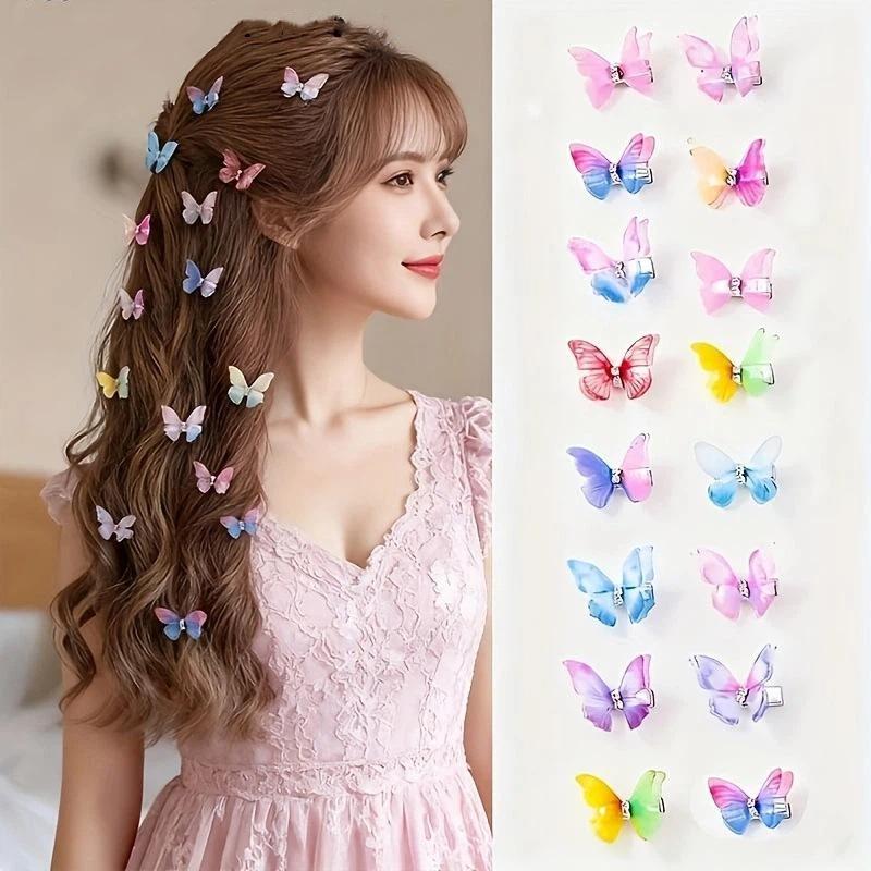 Butterfly Hair Clips 10pcs Colorful Gradient Double-layer Organza Rhinestone Hair Accessories for Girls Birthday Party Favors