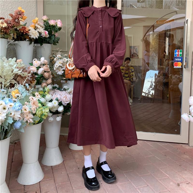 Японское кавайное платье с воротником «Питер Пэн», мягкое платье миди с длинными рукавами и длинными рукавами для девочек, платье цвета красного вина в стиле Лолиты, милая одежда, осень 2021 г.