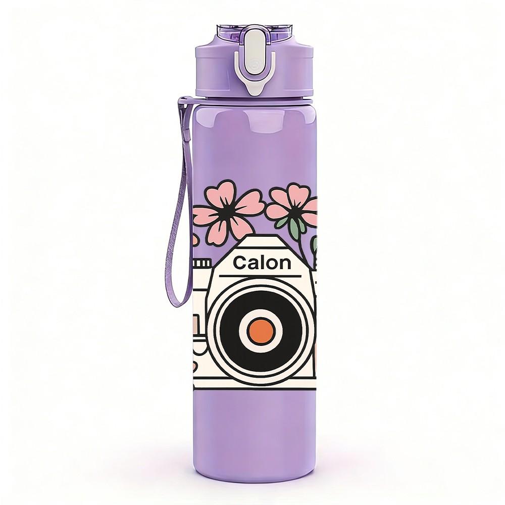 1PC Floral Frame Vintage Camera 750ml Color Plastic Sports Water Bottle Leakproof Flip Straw Lid For Sports Office Home Use
