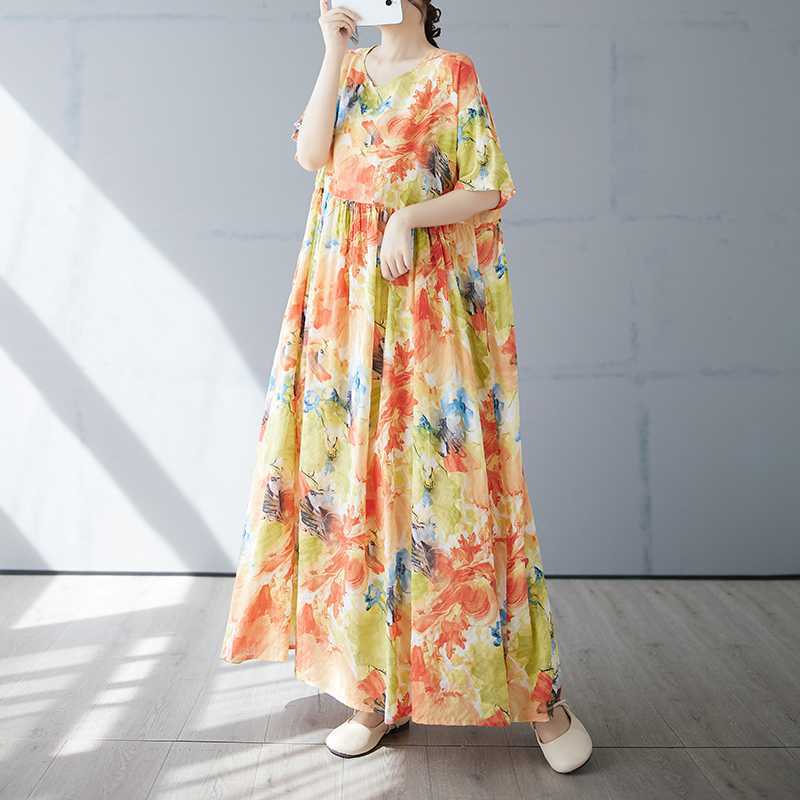 Женская простая и модная длинная юбка летнее платье с короткими рукавами и круглым вырезом с принтом