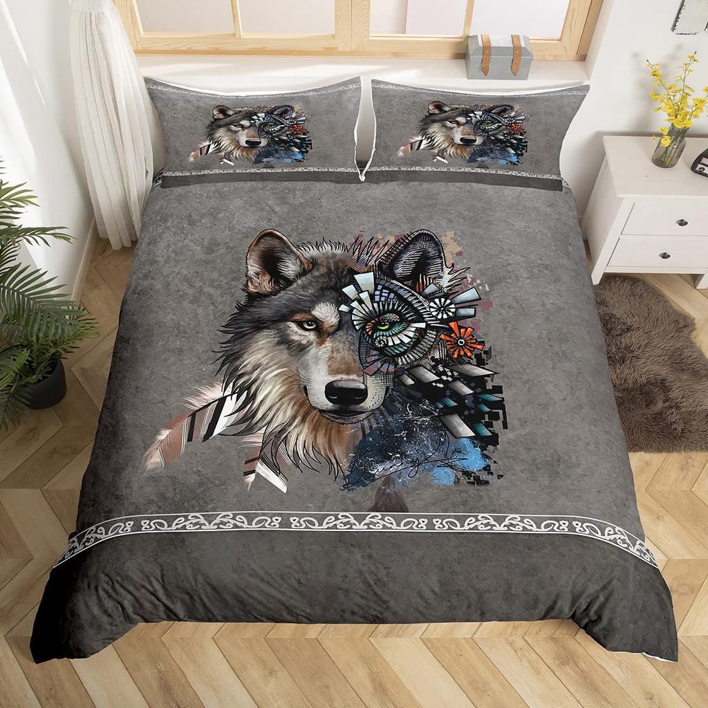 Wolf Dreamcatcher Duvet Cover Set Full Size Indian Dreamcatcher Animal 3D Bedding Set Exotic Style Bohemia Comforter/Quilt Cover