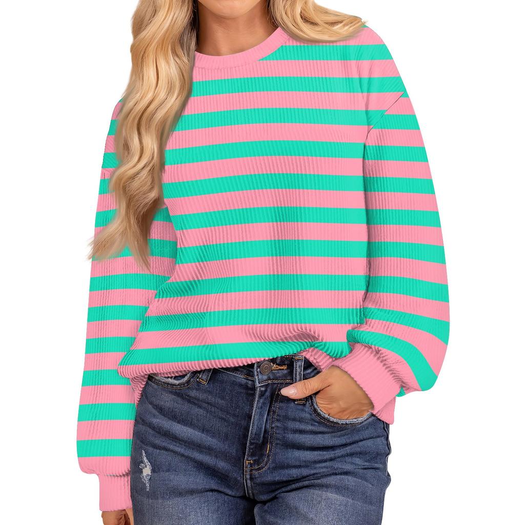 Женские повседневные свободные туники, топы с круглым вырезом, трикотажные ребристые рубашки с принтом, длинный рукав, пуловер, топ