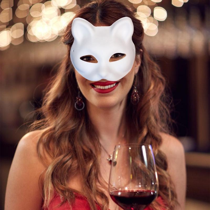 Unpainted Masquerades Mask with Furry Trim Adhesive Fabric Net Cloth Cats Face Mask Unpainted Mask for Halloween Supply