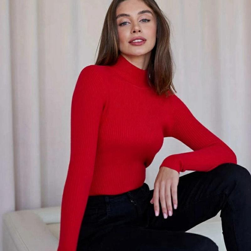 Женский осенне-зимний однотонный свитер с высоким воротником и длинными рукавами, облегающие вязаные топы