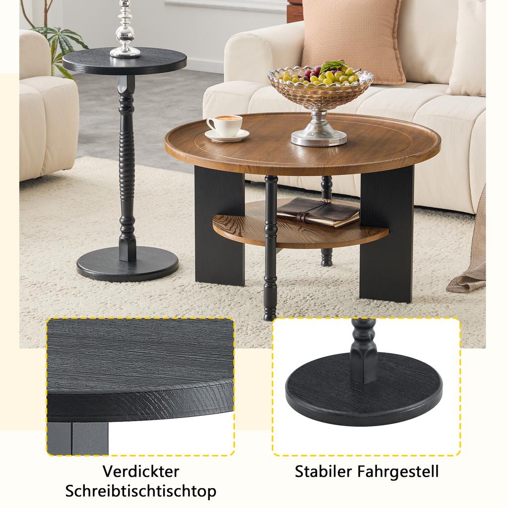 2-Piece Round Coffee Table Set, Wood Fiberboard PVC Vacuum-Press, 80 cm Table with Storage and 38 cm Side Table, Living Room and Bedroom