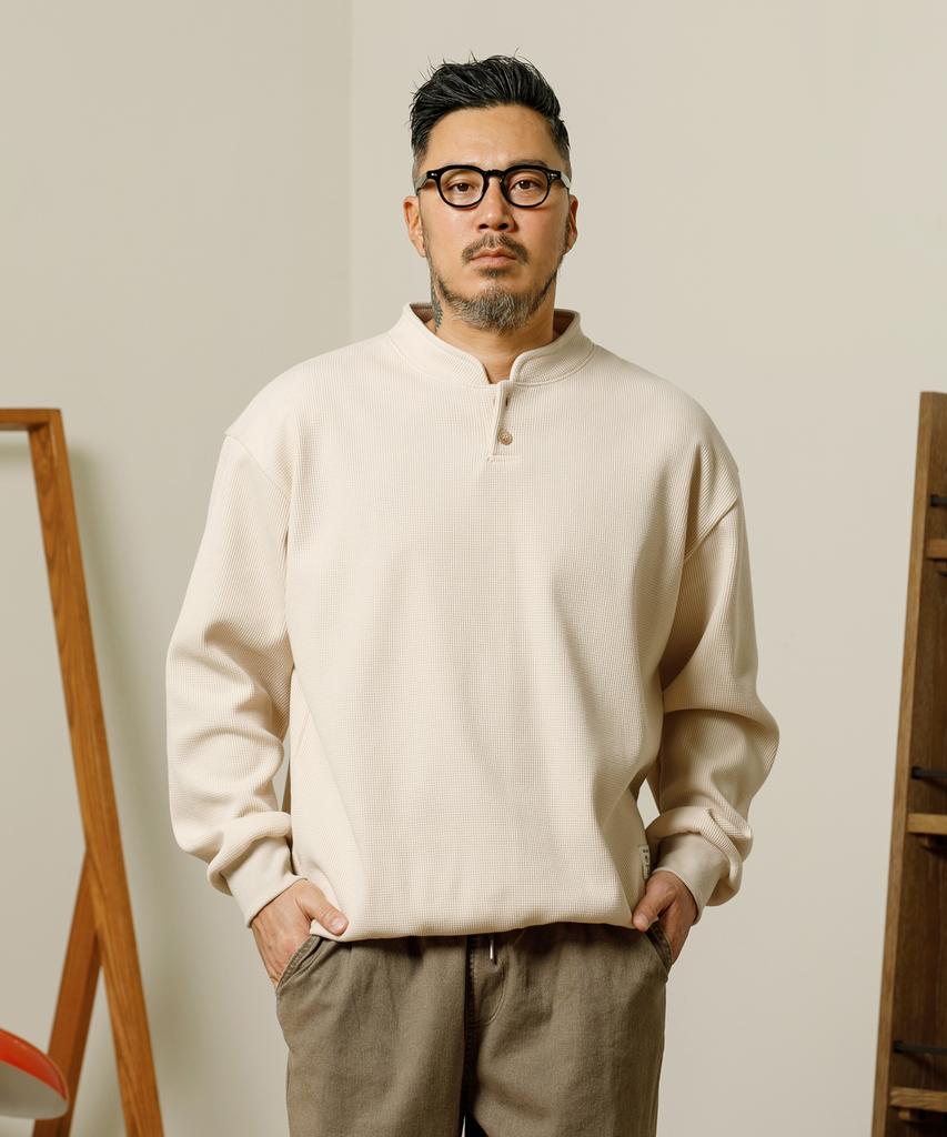 RUGGED HOUSE Henley Neck Waffle Button T-Shirt Cream