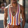 Summer Men Deep U Neck Sleeveless Striped Print Casual Loose Tank Tops
