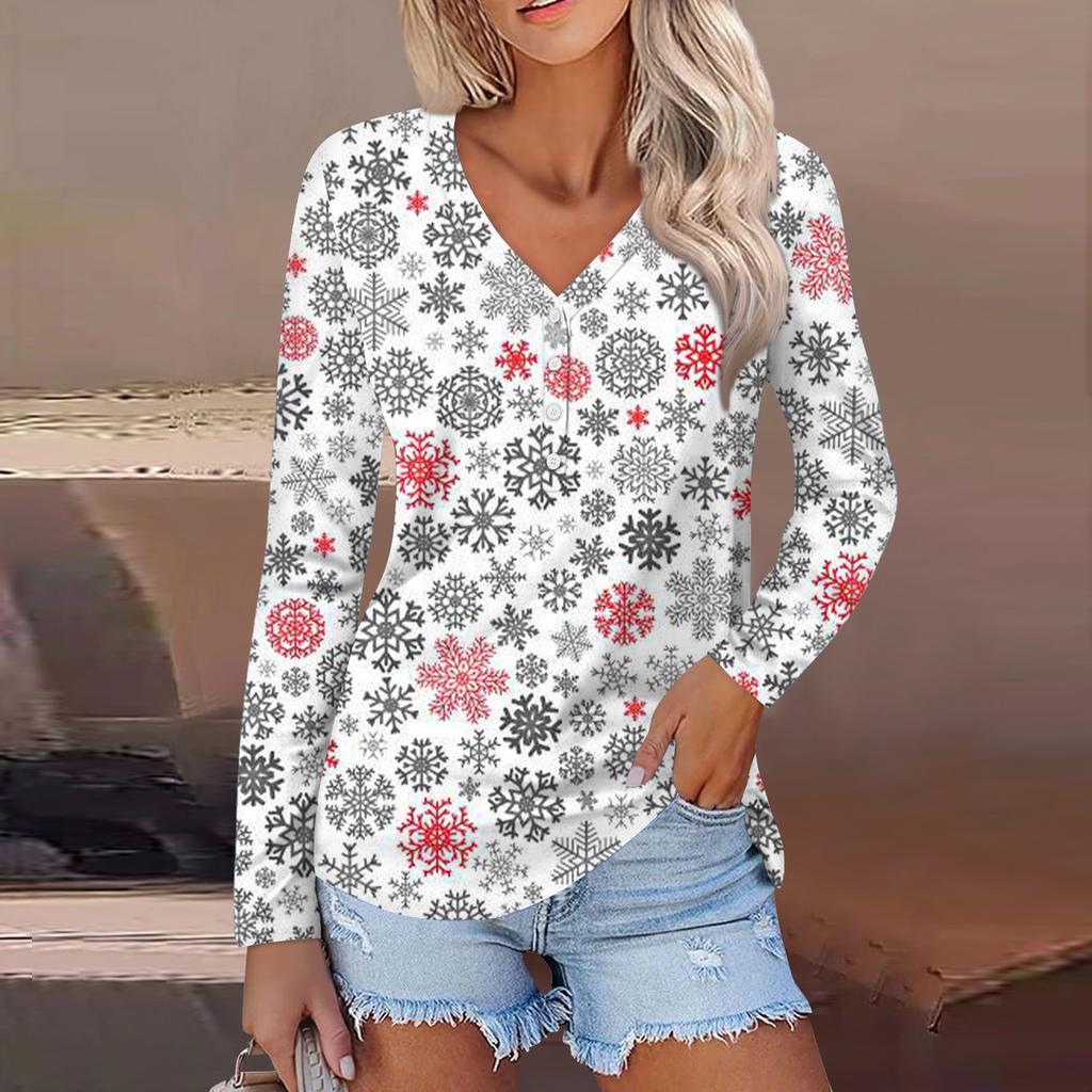 Women's Casual Fashion Sexy Comfort Christmas Printed V-Neck Button Long Sleeve
