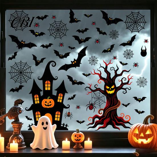 Outdoor Glass Ornament 4Pcs Halloween Static Window Stickers, PVC Waterproof Decals for Doors, Haunted House Easy Application Bat Spider Web