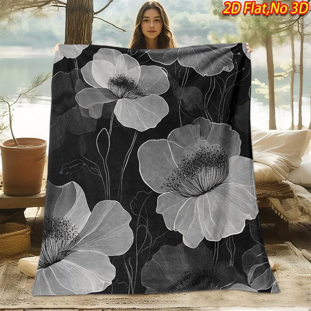 1pc 2D Flat Printing Spring & Summer New Arrival Black and White Floral Themed Digital Print Blanket, Throw Blanket, Soft and Comfortable 100% Polyest