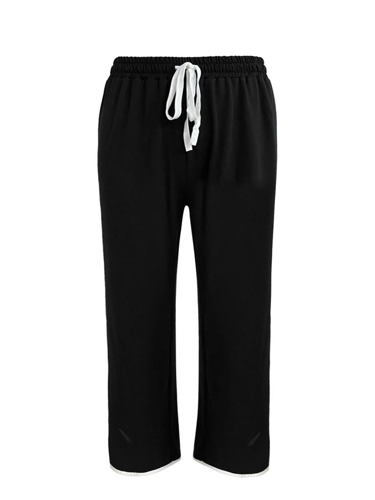Women's Sets Black Long-sleeved V-neck Top Loose Comfortable Casual Home Drawstring Long Pants