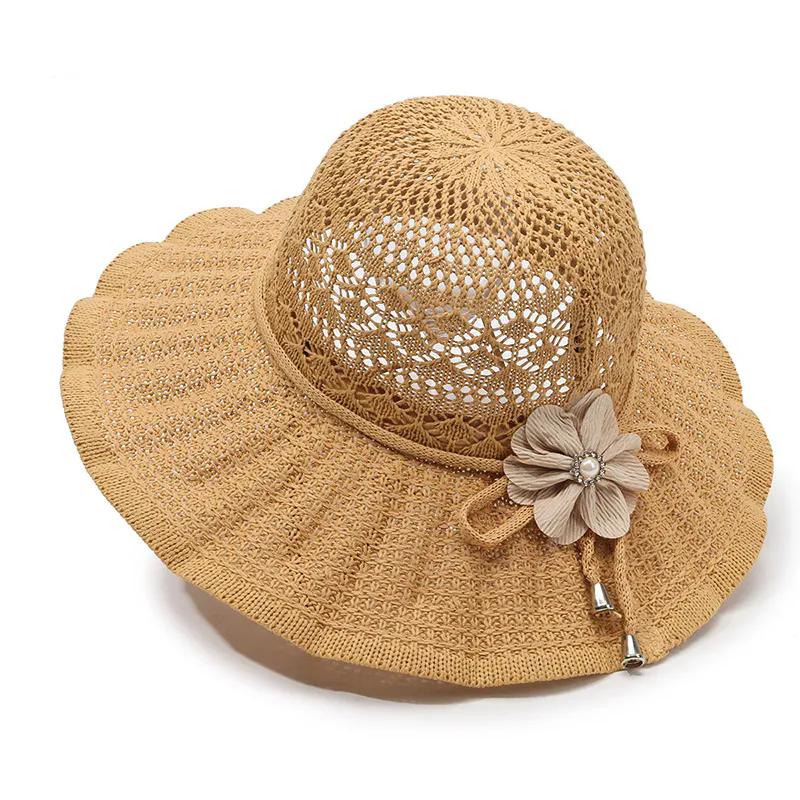 WTEMPO Women Spring Summer Wide Brim Bow Flower Solid Color Sun Hats Hollow-out Outdoor Breathable Foldable Beach Sunscreen Hats