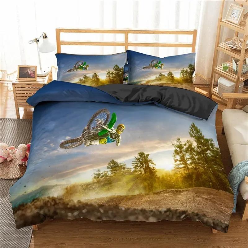 Пододеяльник Extreme Sport Motocross Комплект постельного белья для подростков и мальчиков, микрофибра, 3D, тема мотокросса, гонки, движения, пододеяльник