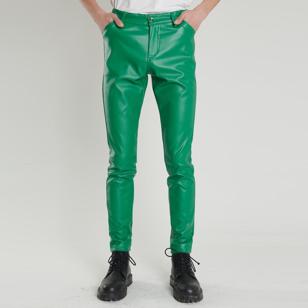 Men's Korean Style Slim Fit Motorcycle Leather Pants - Fleece-Lined, Skinny, Elastic, Spring/Autumn Trend