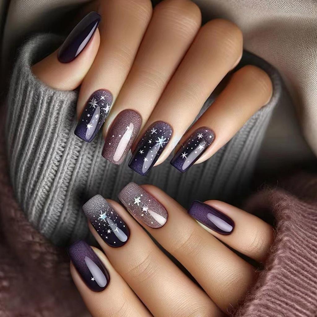 24 шт., средние квадратные накладные ногти, зимний синий градиент, звездное небо, полное покрытие, набор накладных ногтей для женщин и девочек