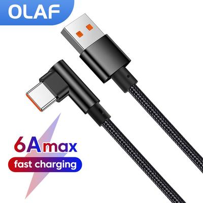 Кабель USB Type C до 6 А, угловой 90 градусов, игровой, для быстрой зарядки, кабель Type C для Huawei Honor Xiaomi, плетеный шнур USB-C 0,25/1/1,5/2 м