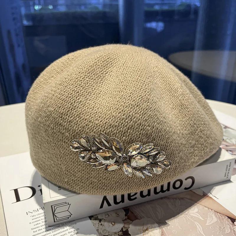 WTEMPO Осенние шапки-береты Winetr Retro со стразами для женщин, элегантные, повседневные, универсальные, однотонные, теплые, с козырьком