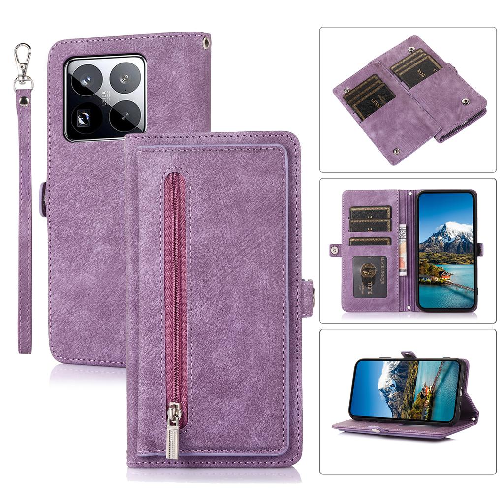 Чехол для Xiaomi 15 Pro с карманом на молнии, 9 слотами для карт, кожаный чехол для телефона из ПУ с ремешком на запястье