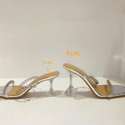 Женские босоножки лето 2025 новые прозрачные на высоком каблуке с квадратным носком телесного цвета на тонком каблуке крутые шлепанцы