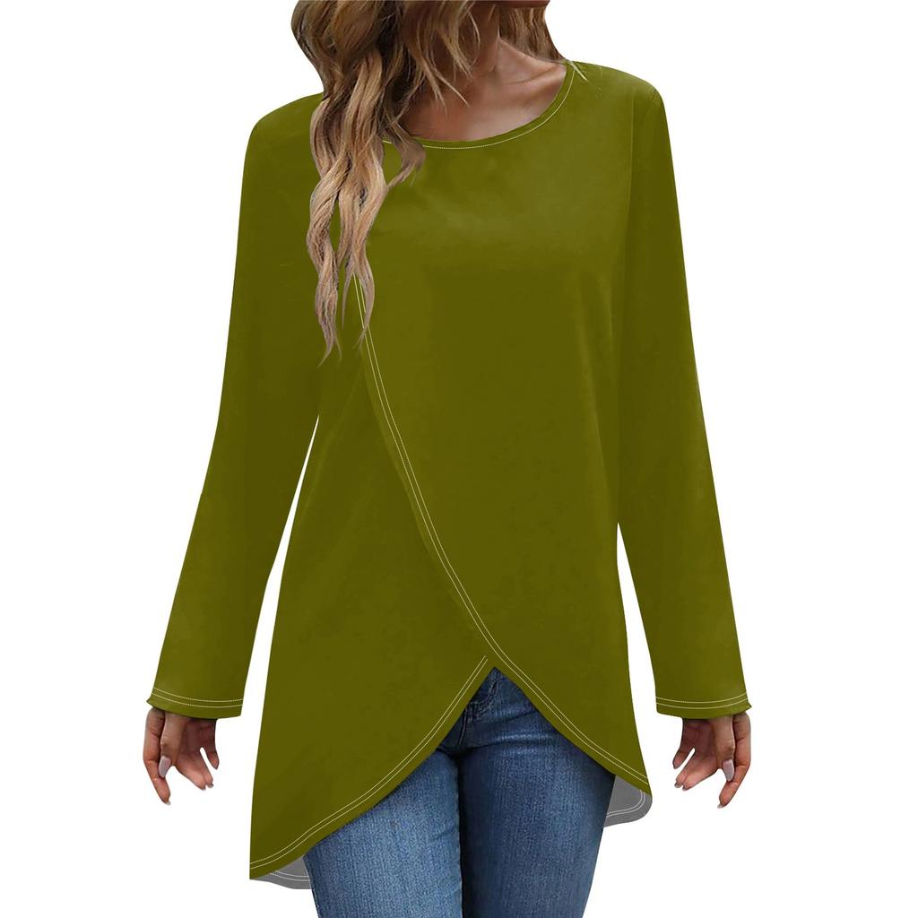 Женская модная повседневная однотонная футболка с длинным рукавом и круглым вырезом с перекрестным подолом, топ
