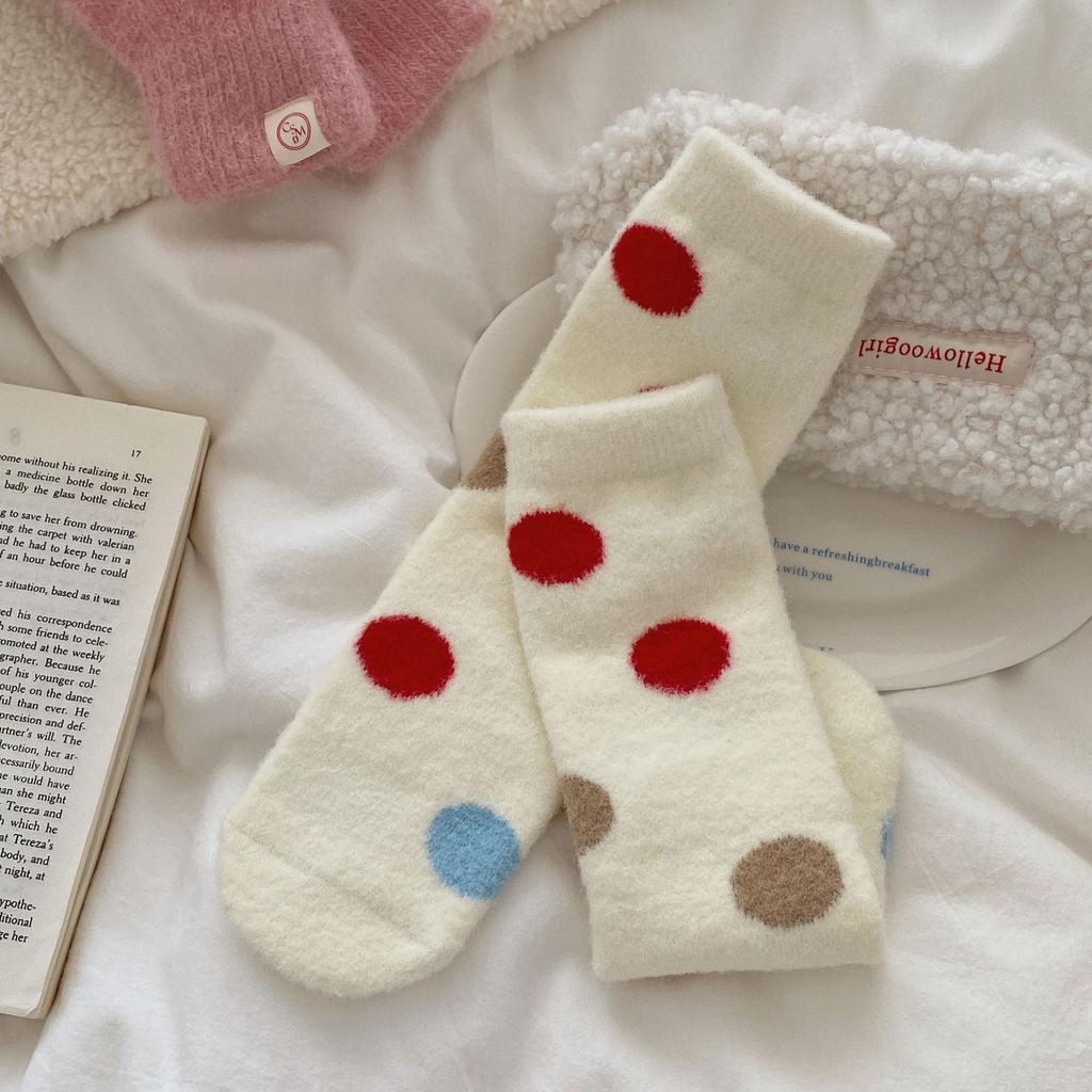 Женские теплые осенне-зимние гольфы с принтом в горошек, с мультяшной вышивкой и бантом