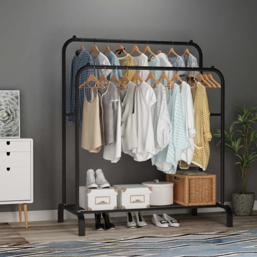UDEAR Freestanding Garment Rack with Double Rods, Multifunctional Bedroom Clothes Rack, 110*54*150 cm, Black