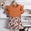Повседневный костюм для девочек 2025 года, летний детский кружевной топ с короткими рукавами, модные шорты с принтом, комплект из двух предметов