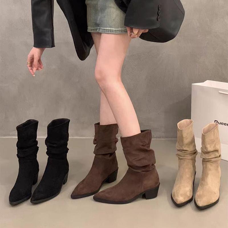 Vintage Pointed Toe Women Western Cowgirl Boots Fashion Slip On Shoes Autumn Winter Square Heel Women's Suede Short Booties