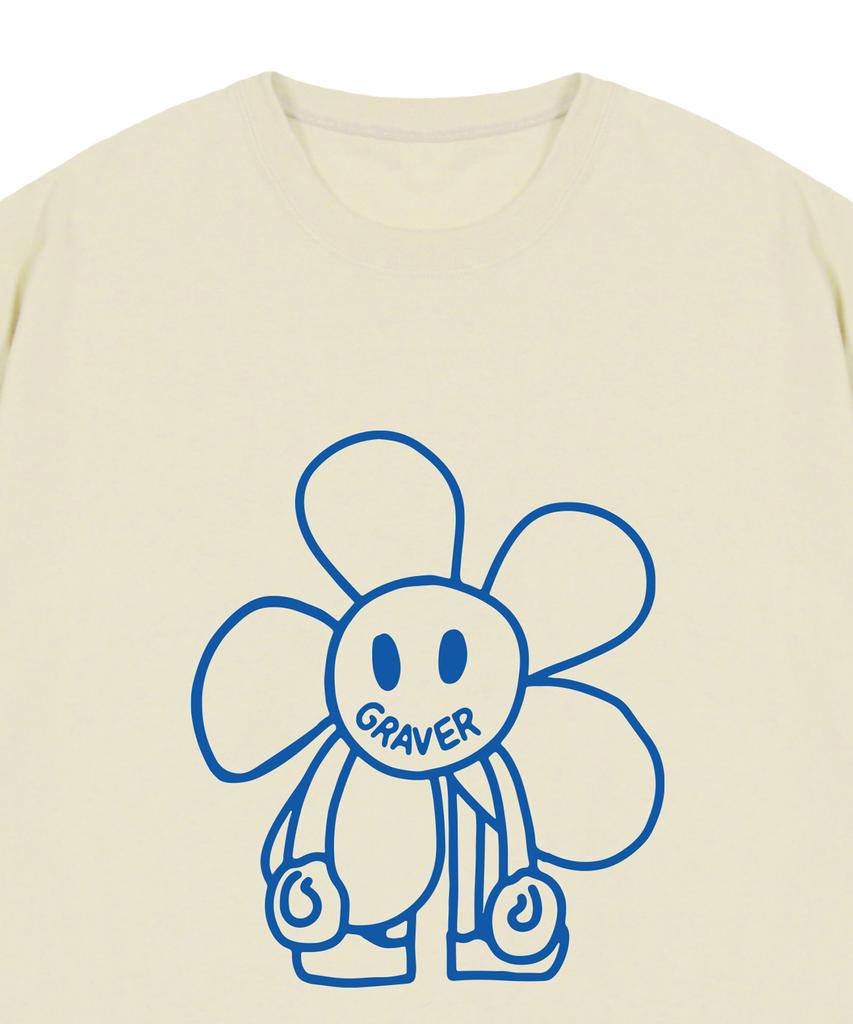 GRAVER [Unisex] Comics Line Flower Drawing Short Sleeve T-Shirt_Sand Beige