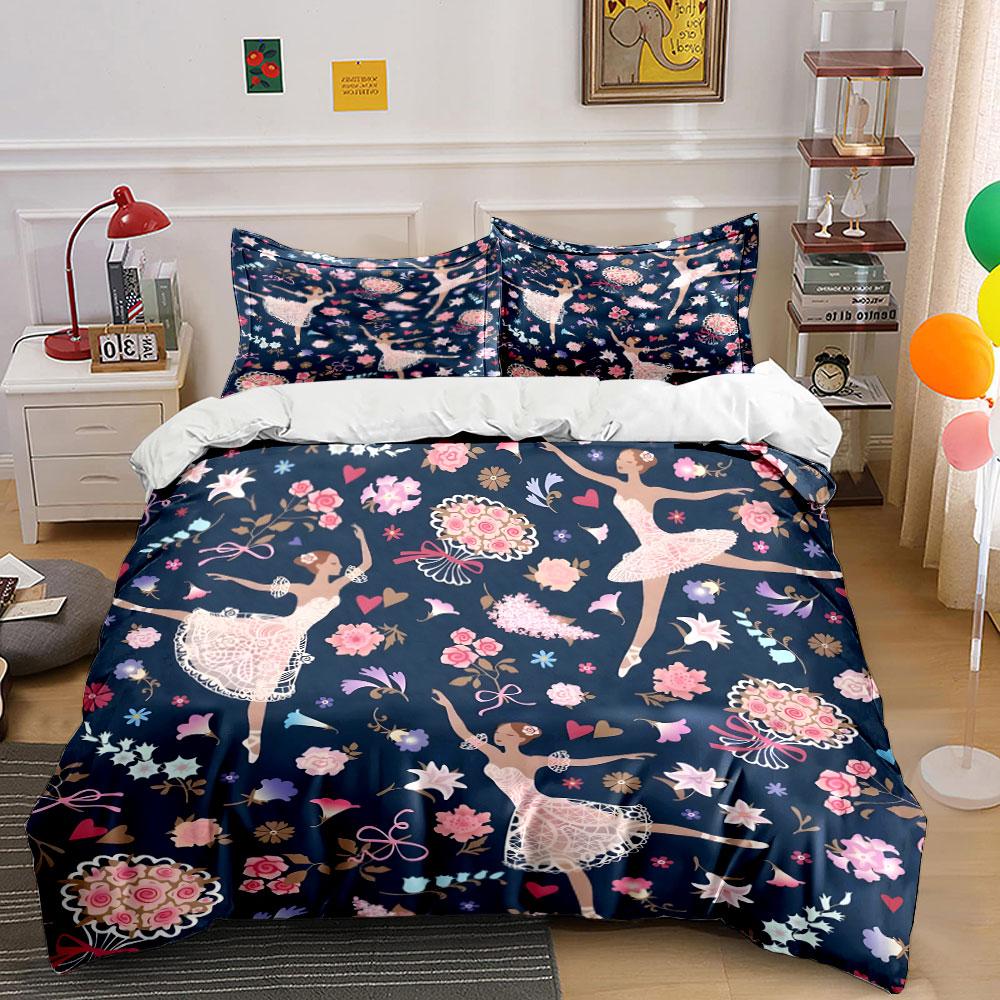 Ballet Dancers Floral Pattern Bedding Duvet Cover Set (1*Duvet Cover 2*Pillowcases, without duvet insert)