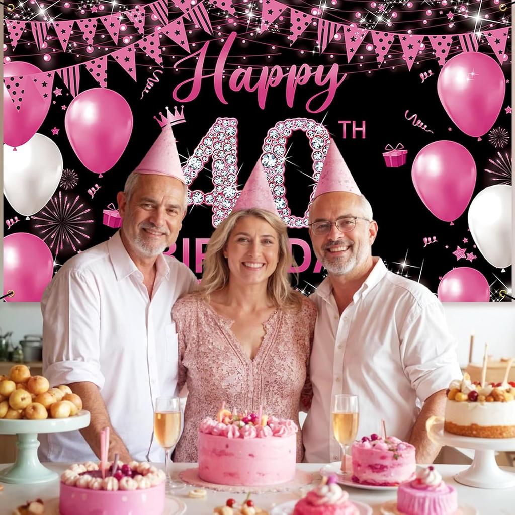 Fabric 40th Birthday Banner Backdrop Hot Pink, Happy 40th Birthday Decoration for Women, 40 Year Old Birthday Party Yard Sign Photo Props Decor